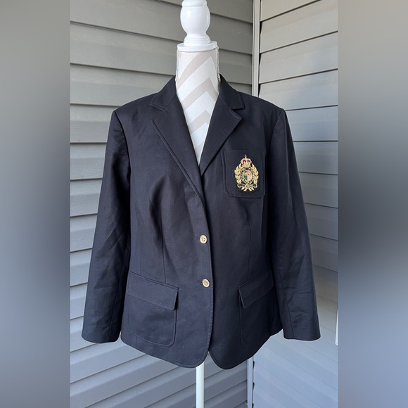 Vintage 90’s Lauren Ralph Lauren Black Blazer 3d Crested Suit Jacket Sz 14 W - Picture 1 of 12